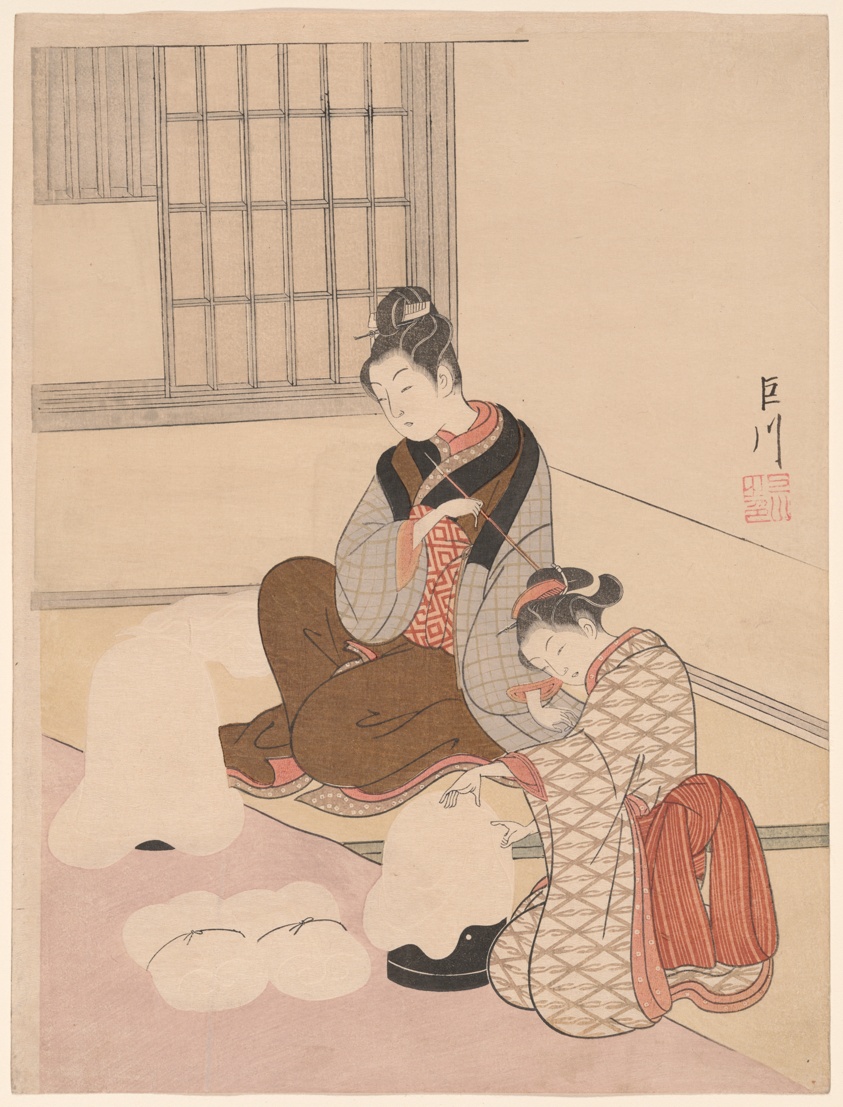 Evening Snow on a Floss Shaper (Nurioke no bosetsu), from the series "Eight Views of the Parlor (Zashiki hakkei)"