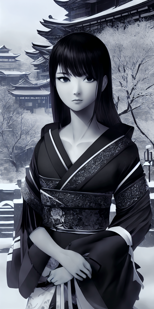 Algorithmically-generated black and white portrait art of a young Japanese woman in the snow