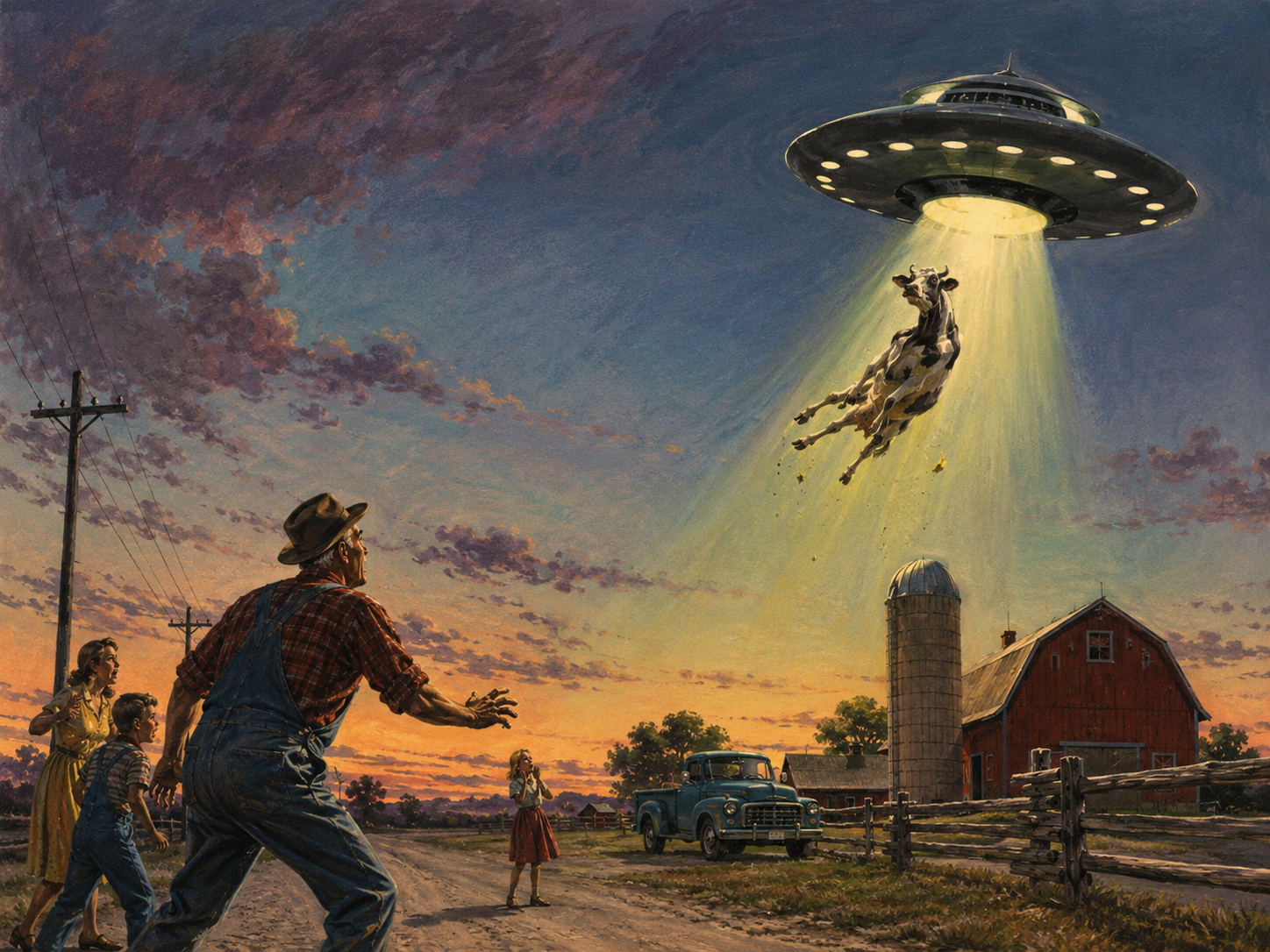 1960's art of cow getting abducted by UFO in midwest (ChatGPT Plus June 2026) 2