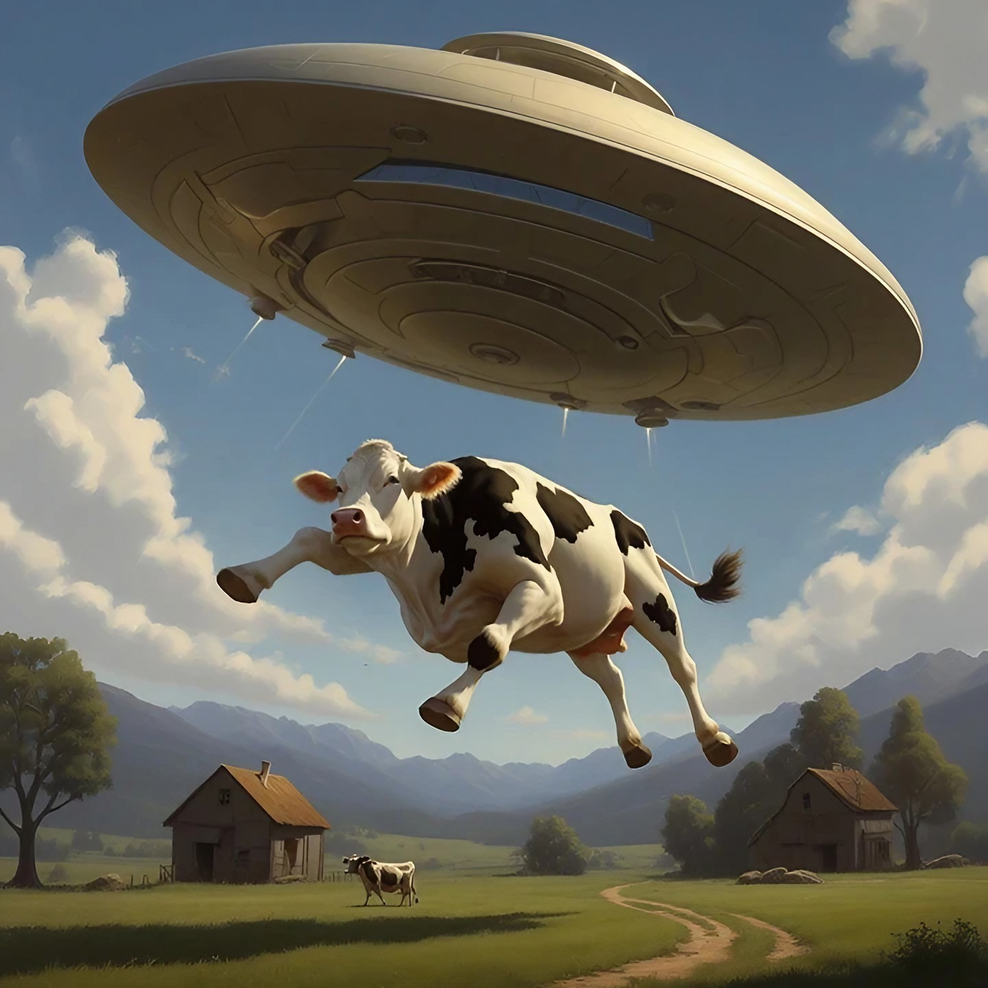 Art of cow getting abducted by a flying saucer UAP